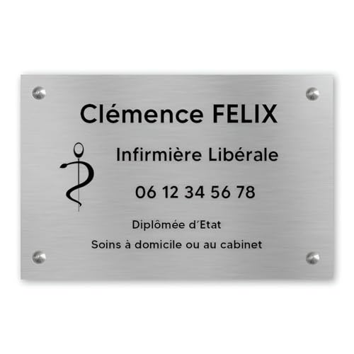 Plaque infirmière libérale personnalisée en argent et lettres noires avec fixations