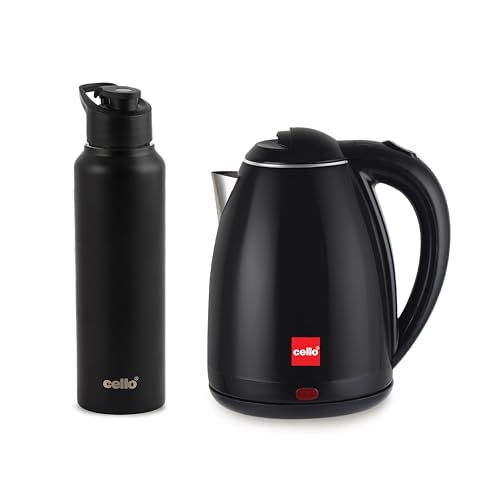 Image of CELLO Pluto Quick Boil Stainless Steel Electric Kettle 1.5L + Sippa Steel Water Bottle 1000ml Combo | Double Wall Cool Touch Outer Body, Auto-Shut Off Protection |Electric Kettle For Boiling Hot Water