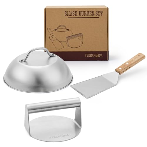 TERRAPOPA Smash Burger Set aus Edelstahl 304. Enthält EU-Zertifikate für den Kontakt mit Lebensmitteln. Burger Smasher und Burger...