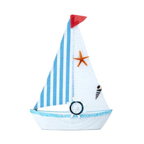 Image of Wooden Decorative Sailboat Nautical Model Showpiece - 15x4x22 cm | Miniature Sailing Boat Showpiece for Home Decor, Cafe, Office & Table Desk Decoration | Light Blue Border-Strip Cloth