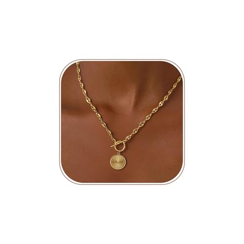LEXODY Chunky Gold Necklace for Women Simple 14K Gold Plated Circle Pendant Choker Necklaces Trendy Dainty Chain Toggle Clasp Necklace Jewelry Gift for Women