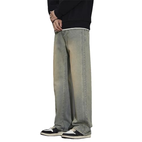 Men Vintage Straight Jeans with Pockets Wide-Leg Pants Casual High Street Denim Trousers