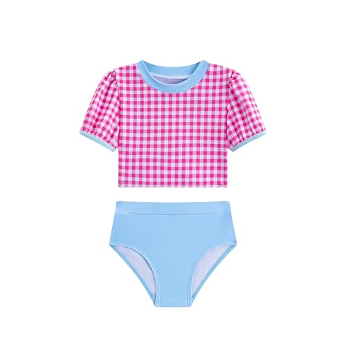 LIZENS Girls' Swimwear Two Piece Scoop Neck Short Sleeve Pull Sleeve Pink Plaid Beach Bathing Suit for Kids(LG102-1,10-12T)