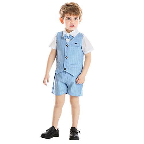 Conjunto de terno formal para meninos e meninos, listrado, caimento justo, colete e short, Azul clar