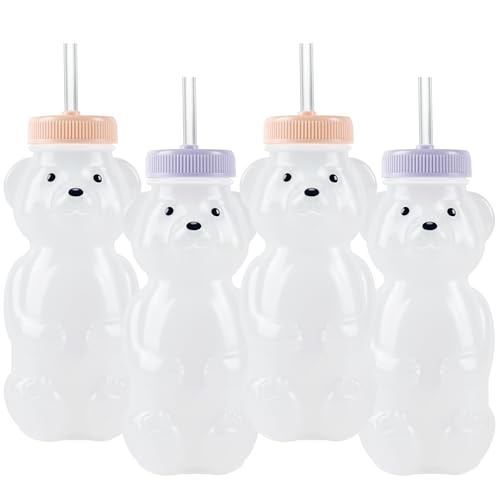 Honey Bear Straw Cups for Babies 4 pack 8oz straw bear cup with improved safety lid design honey bear cup and honey bear bottle. Straw learning therapy cup. Leak-Proof & Food-Grade & BPA Free