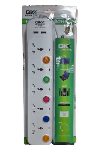 GK- Extension Lead with 2 USB Ports and 5 Wall Outlets, Power Strip with USB Charging and Surge Protection for Home, Office, and More
