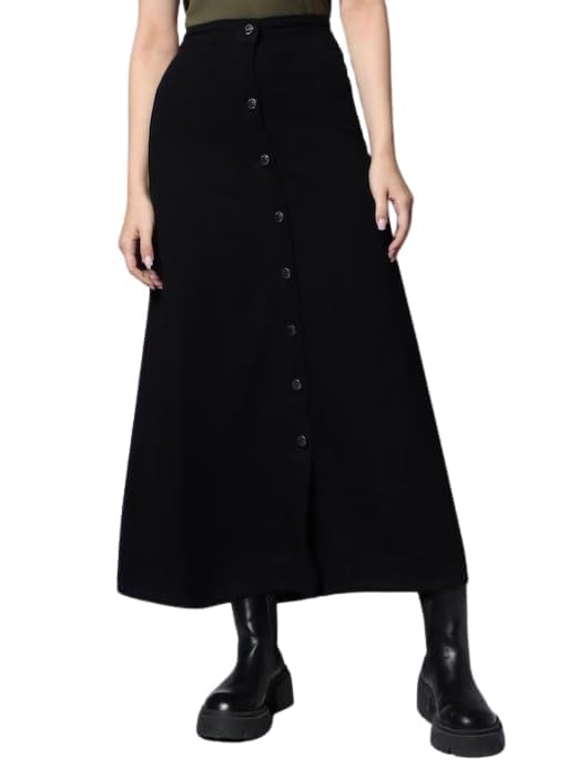 Codaisy Women Black Solid Buttoned A-Line Midi Denim Skirt-picture-35