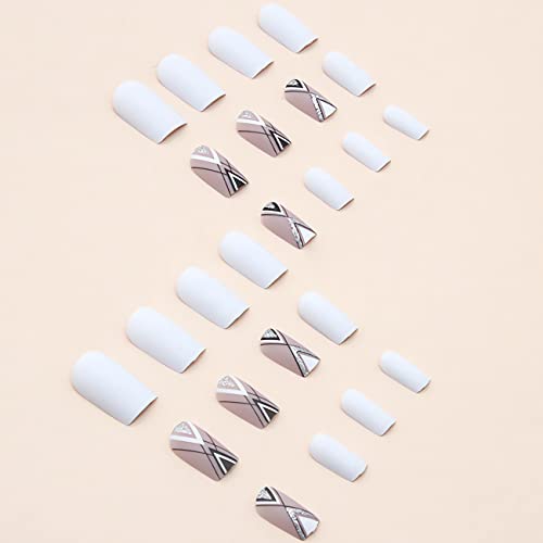 Square Press On Nails Glitter Geometric Line Black Fake Nails White French False Nails Medium Glossy Daily Wear Artificial Nails Glue On Nails For Women Nail Art Manicure Decoration 24Pcs #TOP1