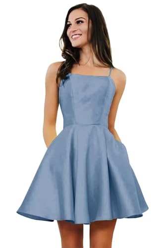 Sougoue Spaghetti Straps Satin Homecoming Dresses for Teens Short A Line Dusty Blue School Dance Cocktail Dresses 2024 US6
