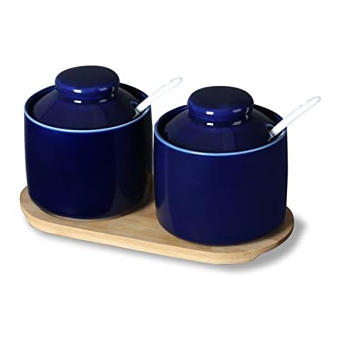 ONTUBE Ceramic Sugar Bowl with Lid and Spoon Set of 2,Porcelain Seasoning Box Salt Bowl with Tray,8oz (Navy) Cover