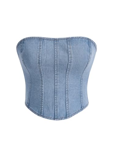 WDIRARA Women's Denim Tube Top Strapless Sleeveless Zip Back Bandeau Crop Top