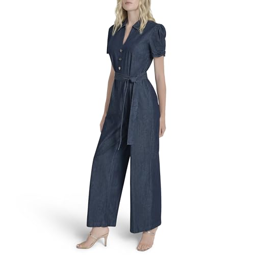 Image of DKNY Women's Belted Polo Collar Ruched Sleeve Jumpsuit