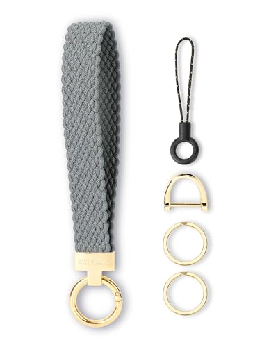 WEESMILE Keychain Wristlet, Stretchy Key Chain for Car Keys with 2 Keyrings and D ring, Cute Wrist Lanyard for Women Men (Blue Gray)