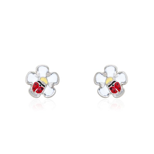 Pendientes niña plata flor mariquita para lucir en el colegio 1