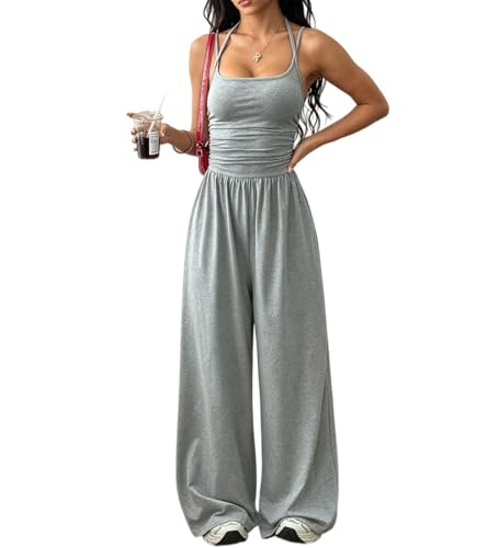 FULOOE Mono Mujer Casual Sin Mangas Jumpsuit Largo Pierna Ancha Pantalón Rompers Verano Mono Largo Mujer Verano Elegante Sexy Espalda Descubierta Pantalón de Pata Ancha Cintura Alta