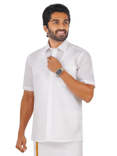 Image of RAMRAJ COTTON Men White Solid Half Sleeve Cotton Shirt