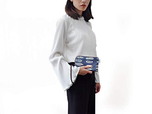 Image of Taianda Women Phone Wristlet Wallet Pouch (Feather Pattern Navy Blue)