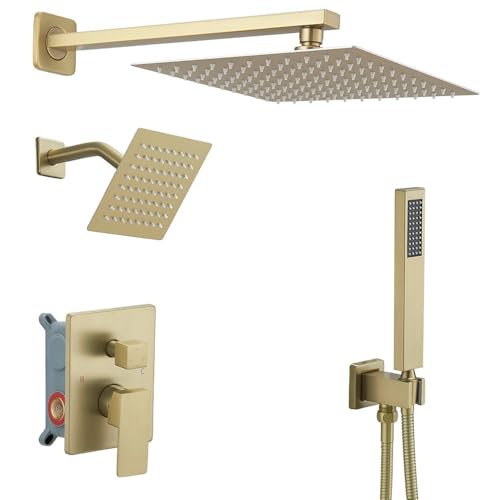 Set de Grifo de Ducha sistema con acabado dorado cepillado, con manija de desvío y rociador de mano de alta presión, instalación en pared con cabezal de ducha de 10 pulgadas y cabezal adicional de 6 pulgadas miniatura 1