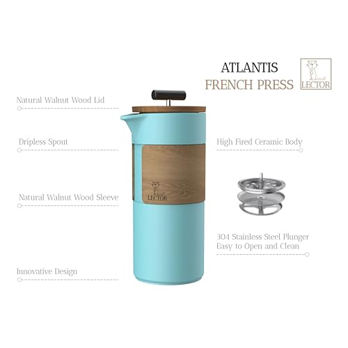 Image of LECTOR Atlantis French Press Coffee Maker | 450ml Capacity | Premium Ceramic Body with Natural Wood Sleeve & Lid | Manual Brewer for Coffee & Tea | Strong Ceramic Build, Superior Filtration (Blue)