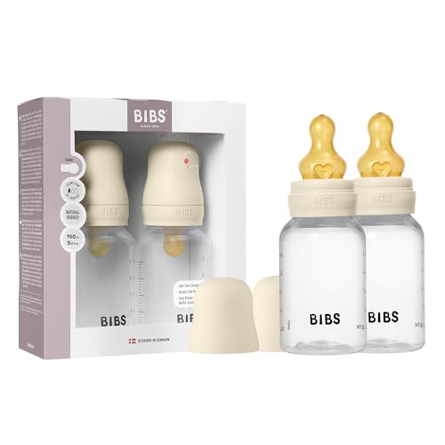 BIBS Baby Bottle 5 oz / 150 ml Natural Rubber Latex Nipple 2 Pack - Anti-Colic, BPA-Free, Round Nipple, Slow Flow, Lightweight & Easy to Clean, Suitable for Newborns 0+ Years - Ivory