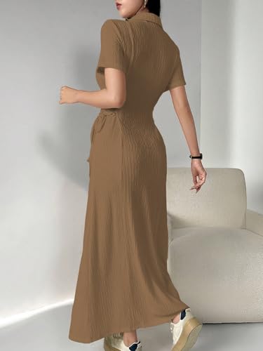Image of Shasmi Women's Solid Color Applique Lace-Up Collared Short Sleeve, Side-Tie Waist Long Casual Maxi Women Dress Outfit Long Evening Midi Western Party Dress for Women (Dress 211)