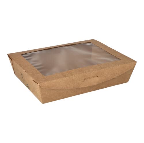 PAPSTAR 40 Envases para Alimentos, Cajas de Cartón con Ventana de PLA Pure Cuadradas, 1000 ml, 4,5 x 18 x 13 cm, Marrón, 100% Justas, 4 Paquetes de 40 Unidades (Total 160 Unidades)