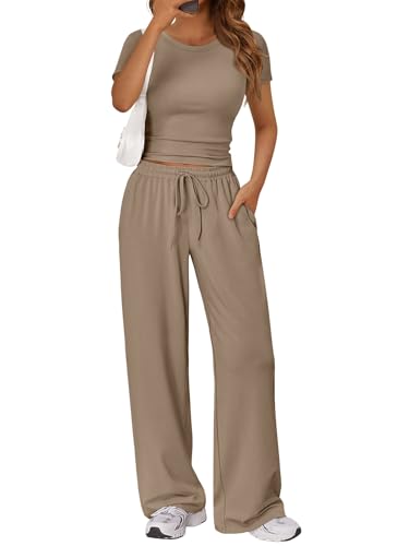 Image of Trendy Queen 2 Piece Matching Summer Lounge Set Womens Side Ruching Top Wide Leg Pants Sets with Pockets