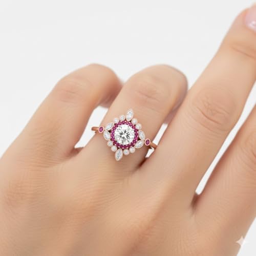 Image of 55Carat Choose Your Gemstone Round Halo Floral Engagement Ring Rose Gold Plated Round Shape Vintage Engagement Rings Everyday Jewelry Wedding Jewelry Handmade Gifts for Wife US Size 4 to 12