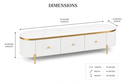 Image of Mazzo White Marble TV Unit Console | 70 inchx15 inchx18 inch | Golden Legs & Charcoal Louvers | Storage Drawers | Modern TV Stand Console Unit White Marble Top with Gold Accents, Storage Drawers