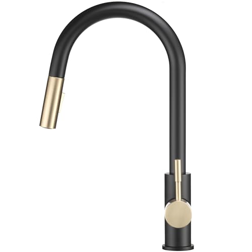 Image of Dura Faucet RV Streamline Single Handle Pull-Down Kitchen Sink Faucet - Optional Deck Plate (Matte Black /Matte Gold)