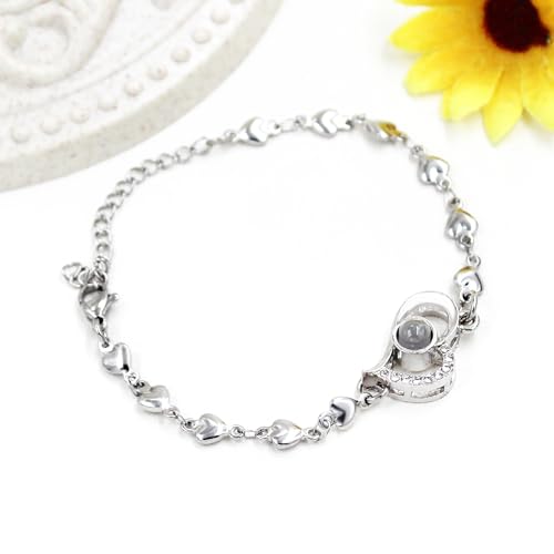 Image of Uloveido Cute Stainless Steel Heart Link Chain Bracelet | 100 Different Languages I Love You Projection Bracelets for Women Girls