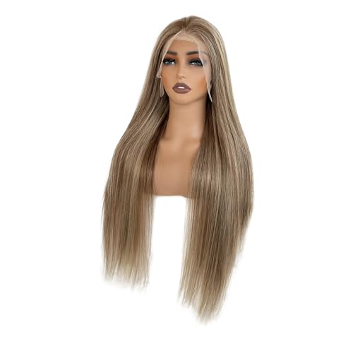 Image of 28 Inch Ombre Brown Highlight Lace Front Wigs Human Hair Balayage Brown with Ash Blonde Highlights Brazilian Raw Human Hair 13x6 HD Frontal Wig Pre Plucked 180% Density Glueless Wigs for White Women