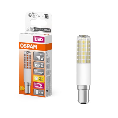OSRAM LED T Slim slim multicolour LED lamp made of plastic with B15d base, T-shape, 8 W / 1,055 lm, clear, warm white light with 2,700 K, dimmable, 18-mm diameter, CRI 80.