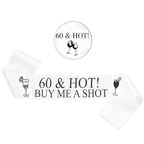 60th Birthday Decorations Sash for Women - Black and White 60th Hot Sash with Button Badge, Happy 60 Years Old Birthday Party Decoration for 60th Fabulous Women
