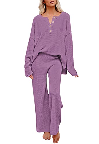 Pink Queen Women's 2 Piece Fall Outfit Lounge Set Long Sleeve Button Pullover Sweater Matching Wide Leg Pants Knit Sweatsuit