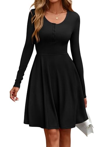 EIRUKON Damen Kleid Langarm Rundhals Herbstkleid Elegant Pulloverkleid Gerippt Knielang Lässiges Herbst Winter A Linie Midikleid mit...