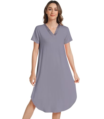 NACHILA Nightgowns for Women-Viscose Made from Bamboo, Short Sleeve Nightgown V Neck Nightshirt Soft Sleepwear Dress