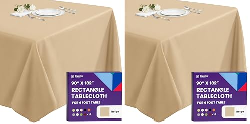Image of Gee Di Moda Rectangle Tablecloth - 90 x 132 Inch Beige Table Cloth for 6 Foot Table with Floor-Length Drop - Heavy Duty Washable Fabric - 6 Ft Buffet Table, Holiday Party, Wedding & Baby Shower