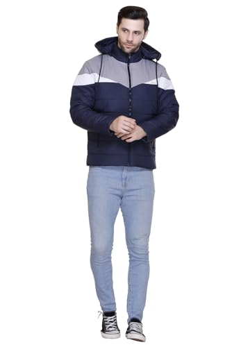 Image of Men's Navy Blue and Grey Hooded Puffer Jacket, Quilted, Zip Front