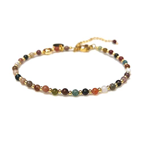 Morchic India Agate Natural Gemstone Semi Precious Beads Women Girls Adjustable Strand Bracelet, Energy Gem Charm Series Extender Chain Birthday Gift 3mm 7.1 Inch