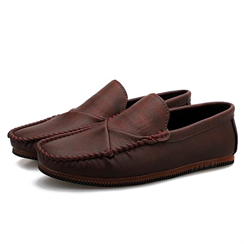 Loafers for Men Vegan Leather Stitching Details Round Toe Rubber Sole Flat Heel Flexible Anti-Slip Outdoor Casual Slip On
