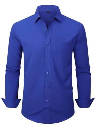 Lumilk Mens Dress Shirts Long Sleeve Button Down Shirt Business Formal Stretch Shirt Regular Fit with Pockets Royal Blue Large