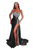 Silver Black Sequins Strapless Mermaid Prom Dresses 2023 Bodycon Shinny Satin Evening Formal Gown,Silver Black US12
