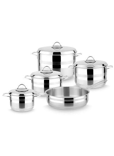Badraig - Turkish Stainless Steel 18/10 Cookware Set - 9-Piece Ensemble 18 cm 20 cm. 22cm. 24 cm and 26 cm Pots Silver Finish Dishwasher Safe (9 Pieces A)