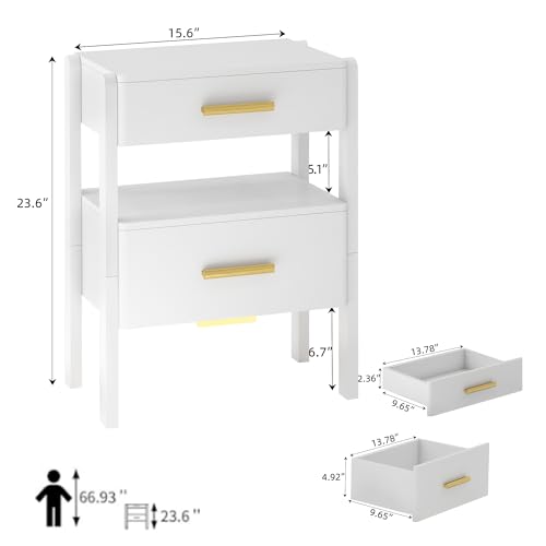 Image of Solid Wood Nightstand with 2 Drawers and Open Shelf Bedside Table End Table