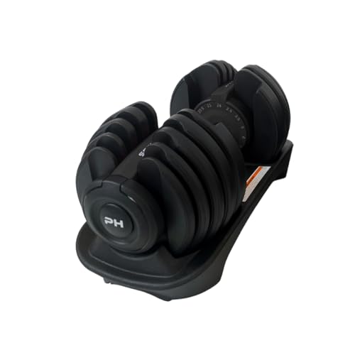 PH Fitness Mancuerna Ajustable Premium 24kg – Unidad Individual – 15 en 1 con Ajuste con Una Mano – 2,5 a 24kg – Compacta y Ahorra Espacio – Para Entrenamiento en Casa (Negro)