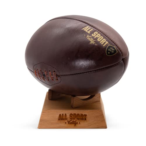 ALL SPORT VINTAGE - Ballon De Rugby Et Socle en Bois Massif - Chocolat - Cuir De Vachette - Cousu Main. Marque Française.