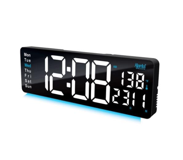 Image of Ajanta Digital Electric Wall Clock with Time, Temperature, Date & Day | RGB LED Night Light Display | USB Type-C Charger | 12 /24H Format & Snooze (White)