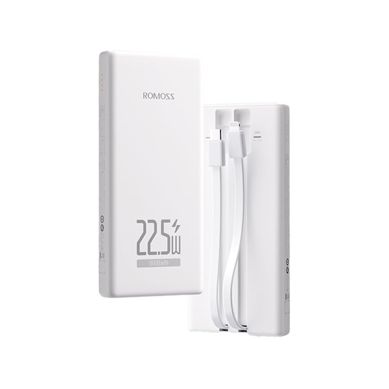 ROMOSS Power Bank sottile da 10000 mAh con cavi integrati, caricabatterie portatile da 22,5 W con USB C e cavi di illuminazione, 4 uscite e 2 ingressi batteria per iPhone 16/15/14, iPad, Galaxy e