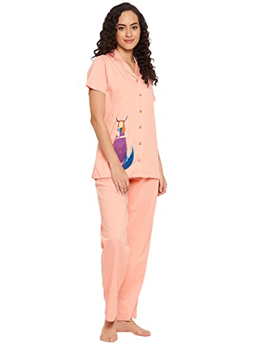 Image of Clovia Women's Cotton Pretty Print Button Me Up Shirt & Pyjama Set